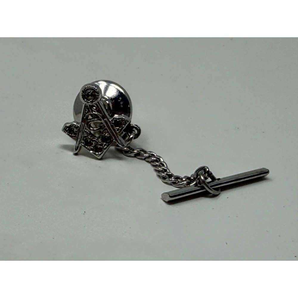 Anson Sterling Silver Masonic Lapel Pin Square Compass Fraternal Tie Tack Chain - Picture 3 of 3